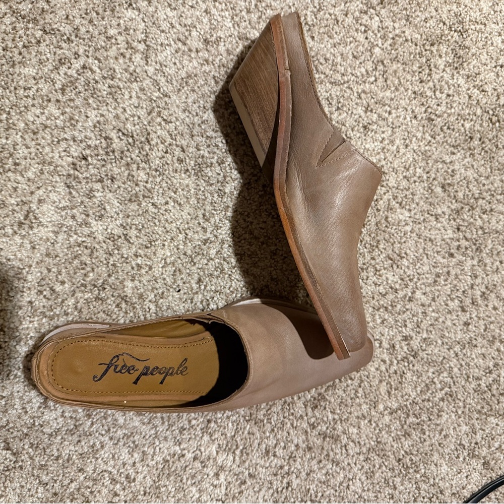 Free People Taupe Leather Slip-On Mules with Stacked Heel